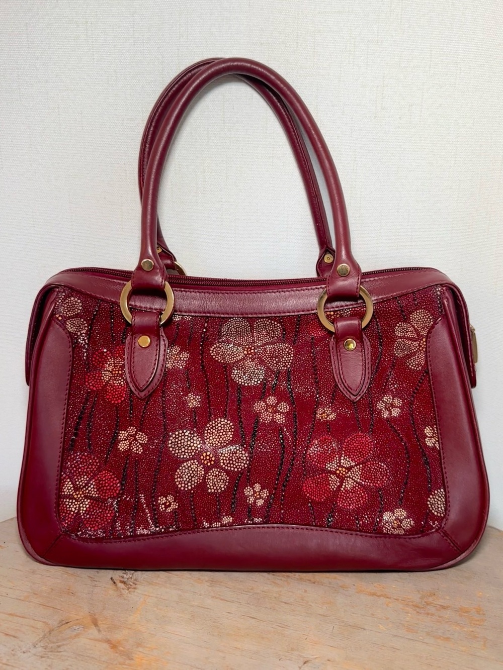 Vintage Beverly Hills Polo Club Maroon Leather Floral Handbag